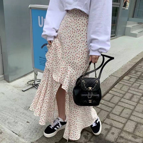 Ladies Floral Print Frill Side Slit Long Skirts